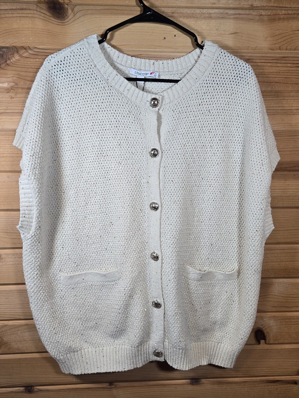 Chico's Sleeveless Cardigan Vest XXL 2XL Cream Gold Sparkle Button Front NWT NEW